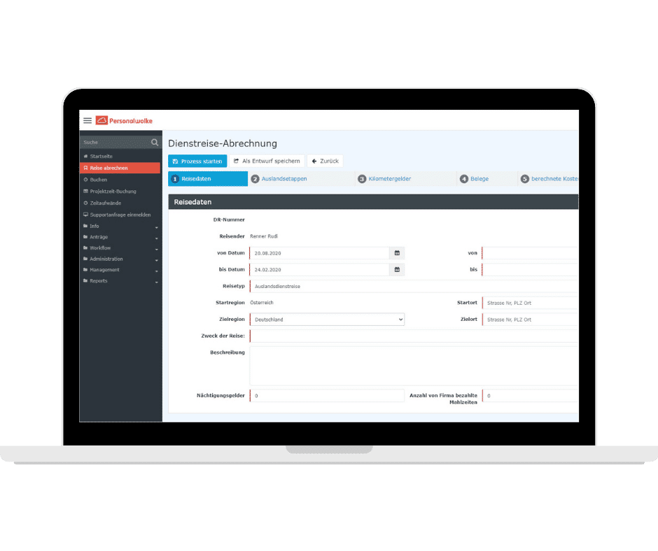 Retargeting Landingpage Einblick in das Modul Reiseabrechnung